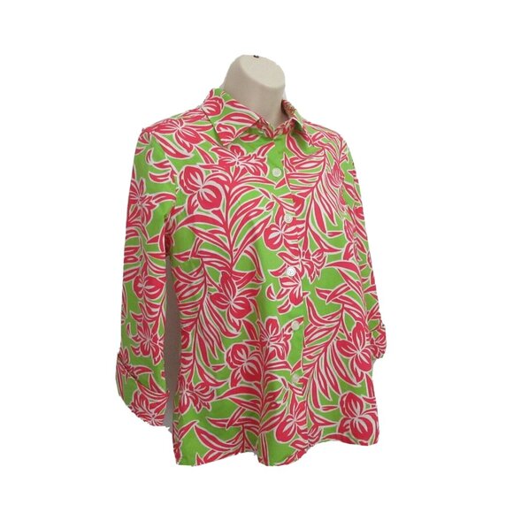 IZOD Stretch Blouse Sz Petite Large Button Front Hawaiian Tropical Print Cruise - Picture 2 of 9